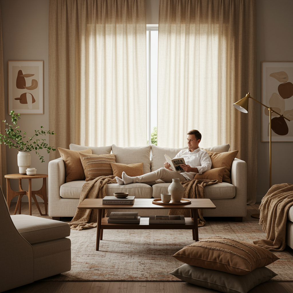 "Imagen de un acogedor salón con sofá de marfil, decorado con cojines en tonos tierra y cortinas de lino, ideal para inspirar diseño de interiores de lujo."