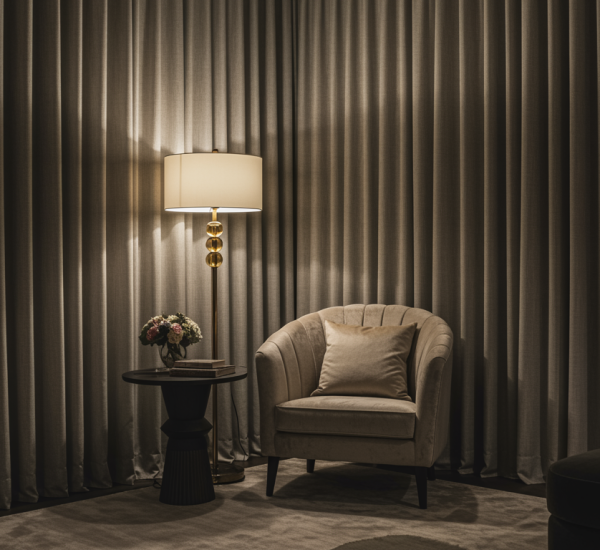 "Esquina elegante de sala de estar con decoración textil a medida, cortinas de piso a techo, persianas japonesas, sillón de terciopelo y mesa lateral escultórica."